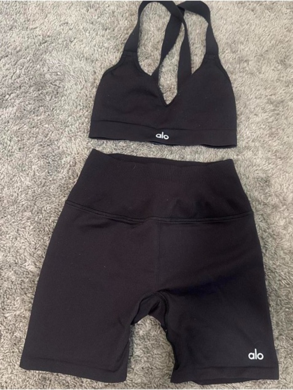 ALO Yoga Black Ribbed Sports Bra & High-Waist Bike Shorts Set